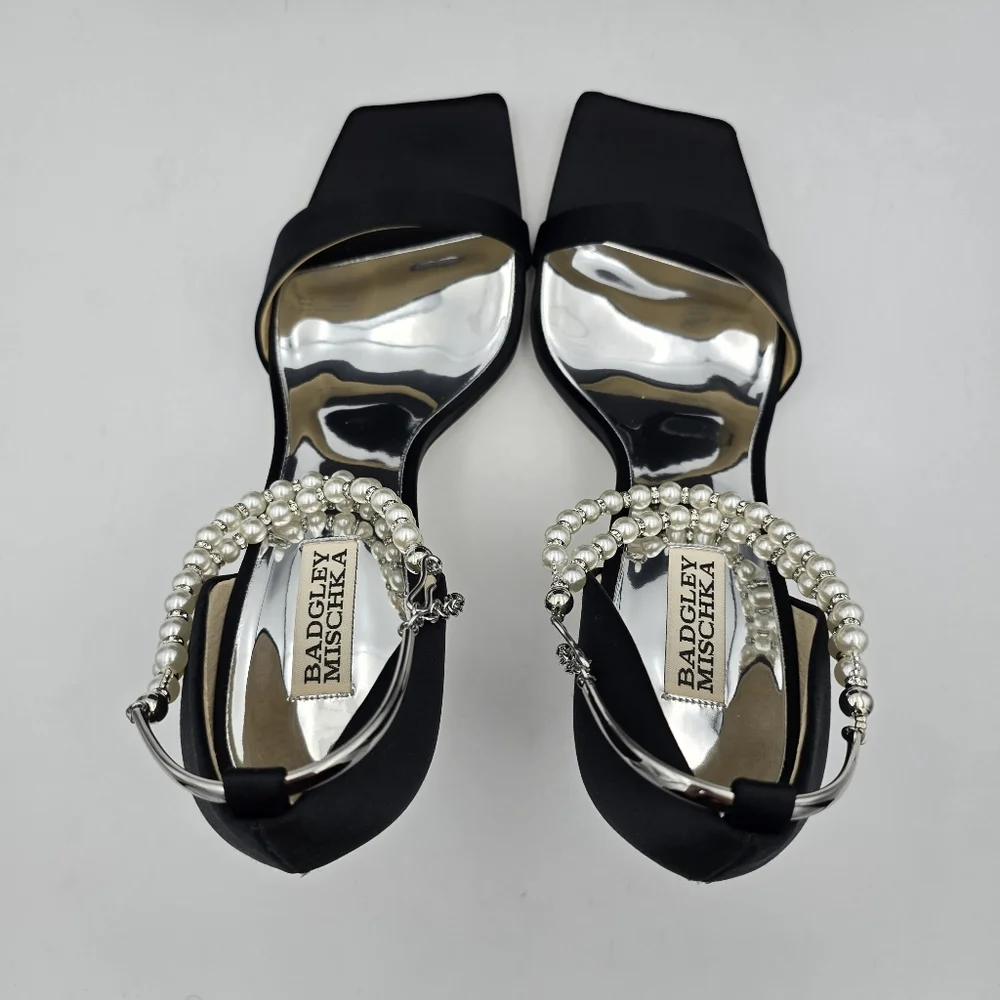 NIB Badgley Mischka Loretta Dual Pearl Strap Stiletto Heel Sandals, Black Satin - Picture 12 of 16